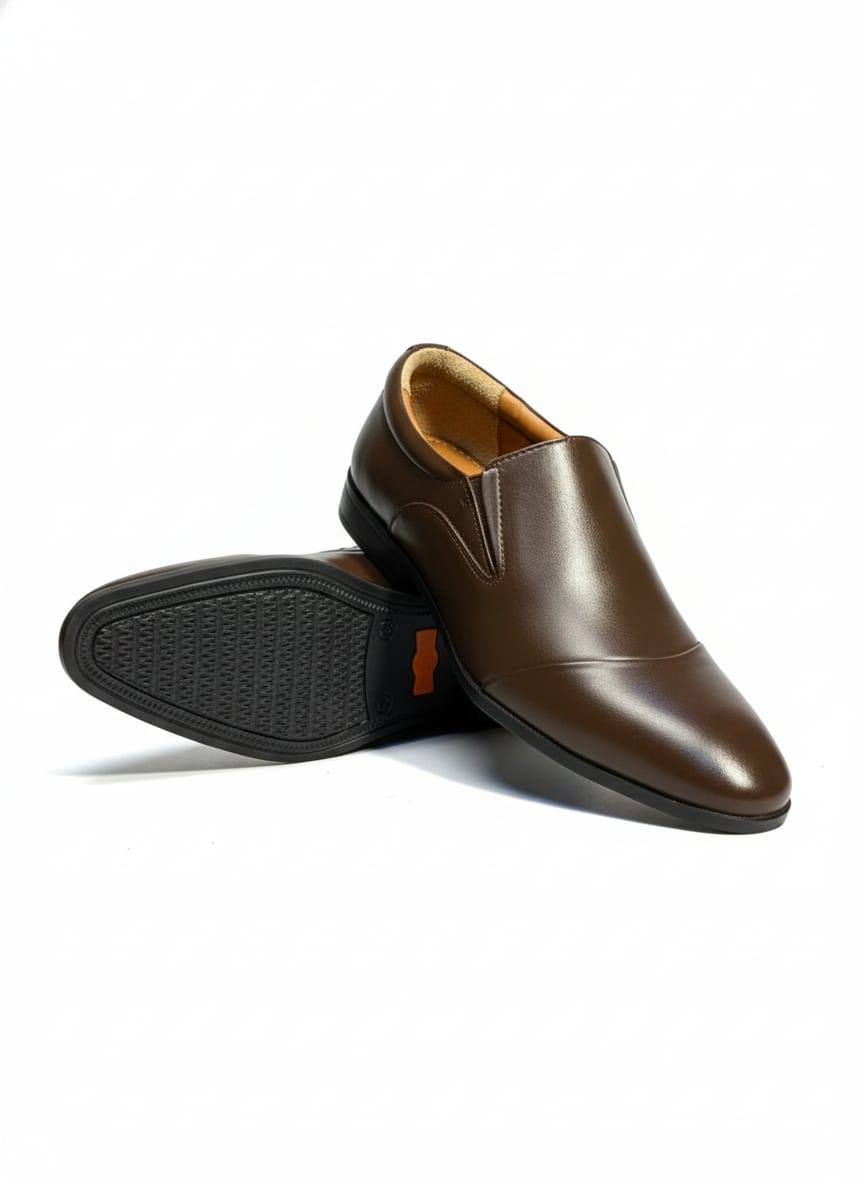 Brown leather slip‑on shoes.